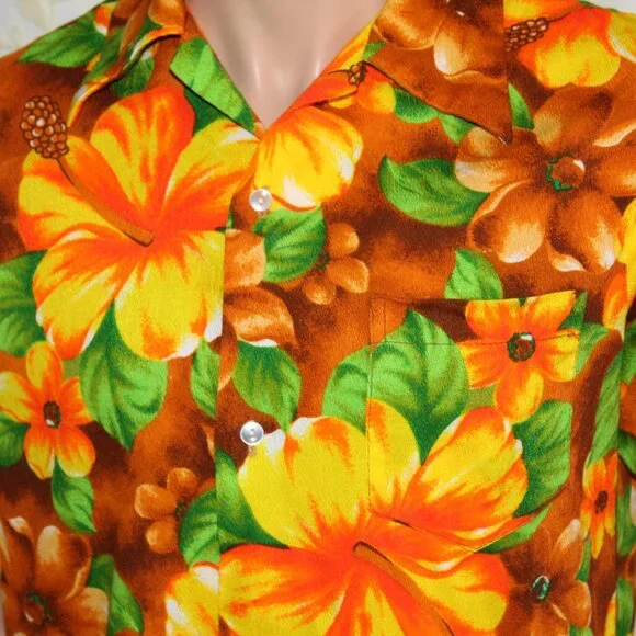 Vintage Rare POMARE Hawaiian Barkcloth Floral Button Down Shirt Men's M - Picture 3 of 7